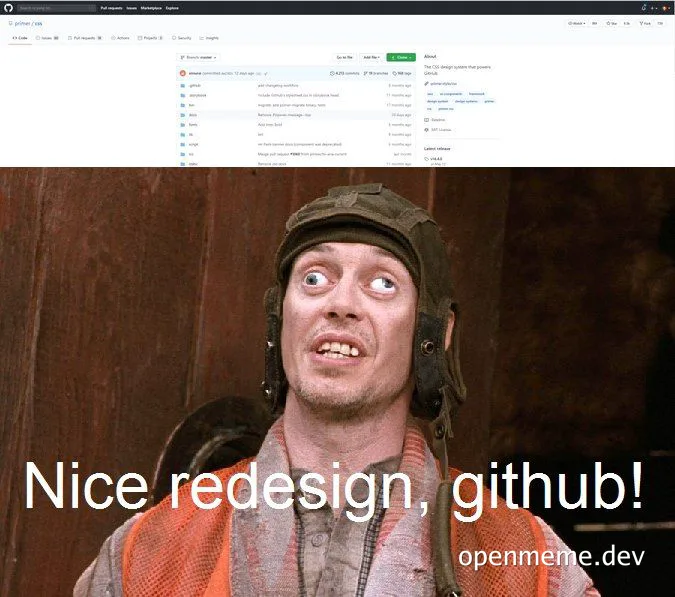 Man in a flight helmet looking surprised with a screenshot of GitHub redesign