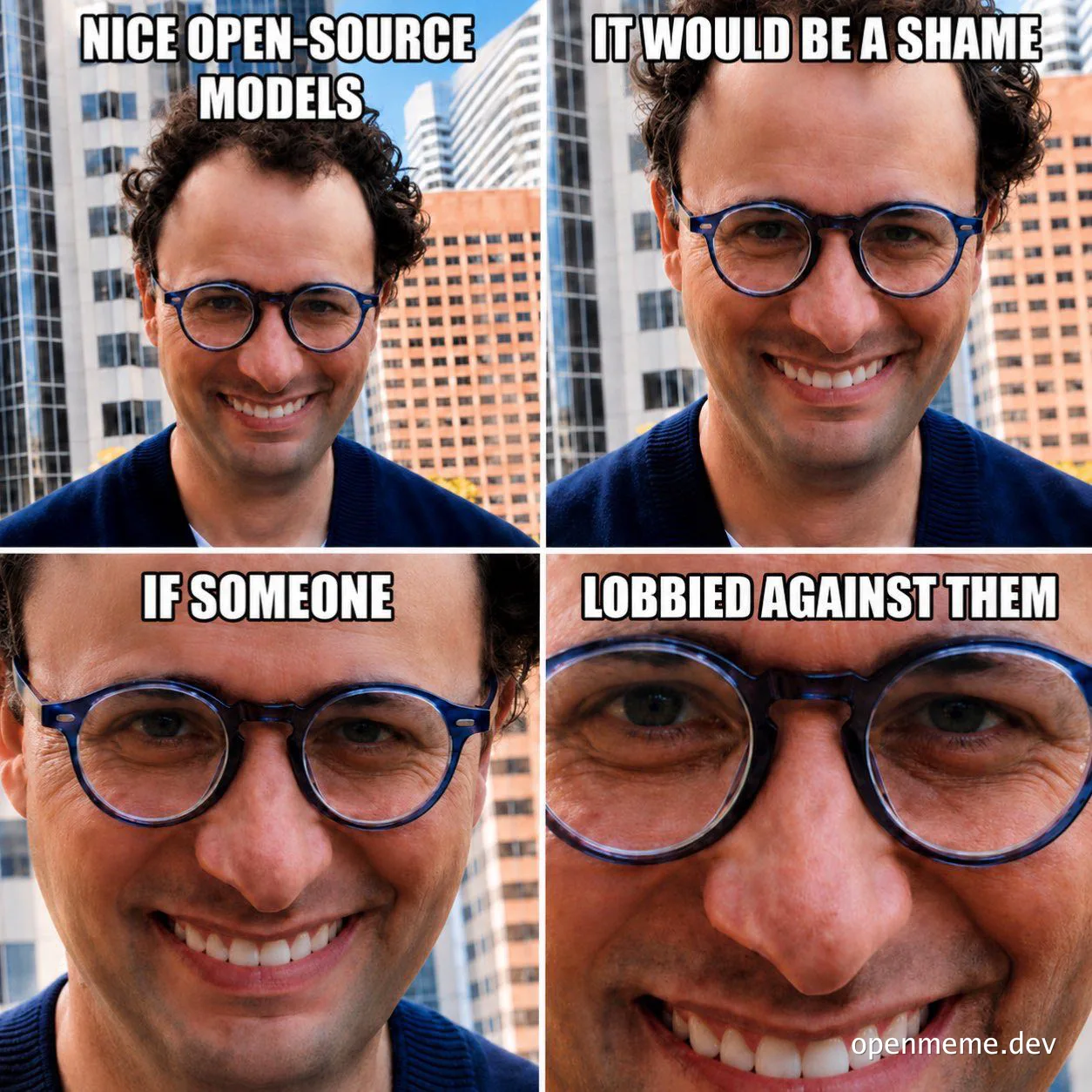 Elon Musk smiling creepily with text reading 'Nice open-source models. It would be a shame if someone lobbied against them.'