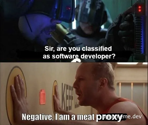 Two-panel meme: top panel shows a helmeted figure asking 'Sir, are you classified as software developer?'; bottom panel