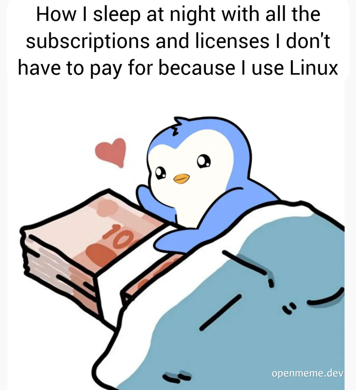 a penguin sleeps on a pile of money