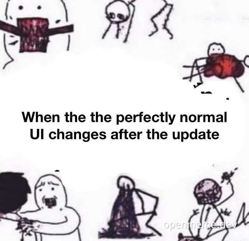 Cartoon characters reacting in shock and chaos to UI changes after an update