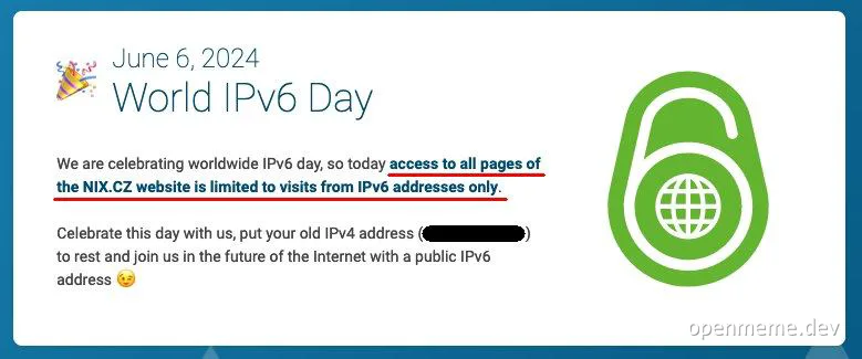 World IPv6 Day celebration with a notice about limited access to NIX.CZ website