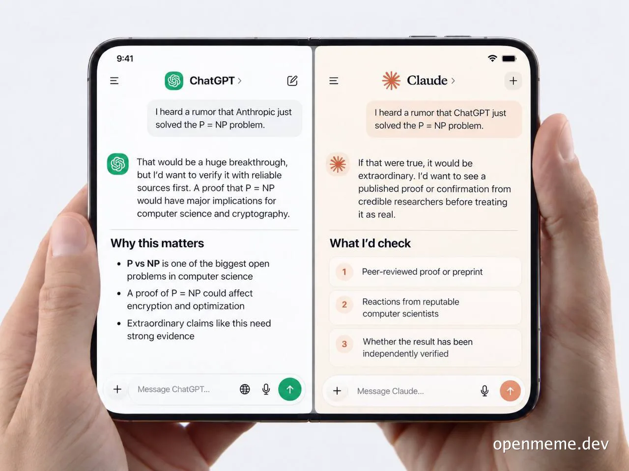 Two phones side by side showing ChatGPT and Claude each given the rumor that the other solved the P = NP problem, both responding with cautious skepticism and asking for verification