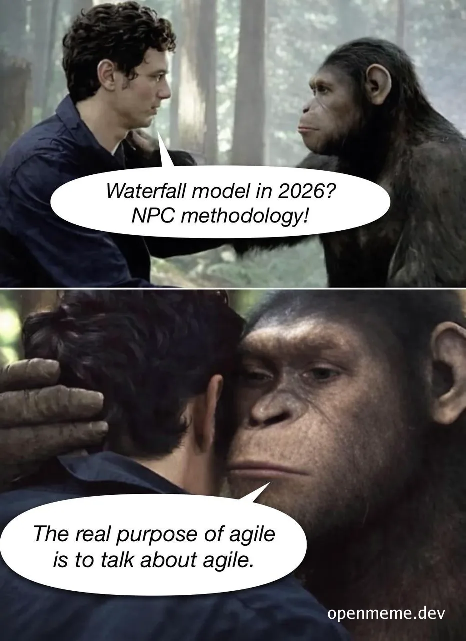 Meme of a human and an ape discussing waterfall model and agile methodology