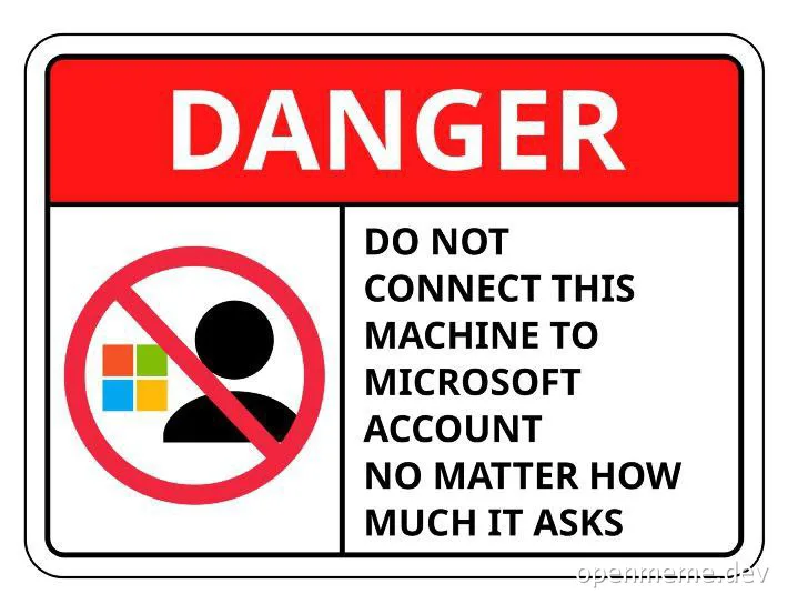 Danger sign with a prohibition symbol over a Windows user account icon and text warning not to connect to a Microsoft account