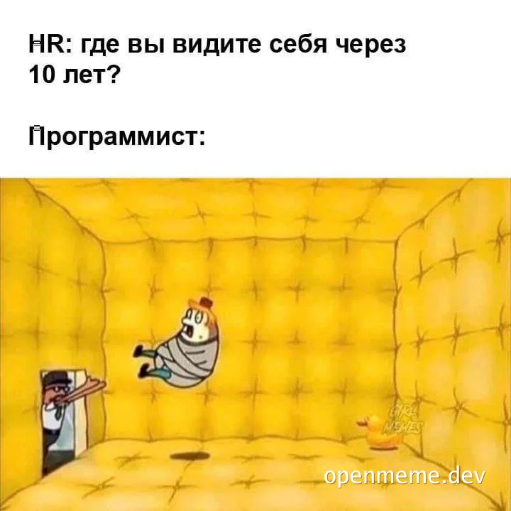 Cartoon character wrapped in a straitjacket jumping off a padded wall with barbed wire while a man points a cattle prod through a door