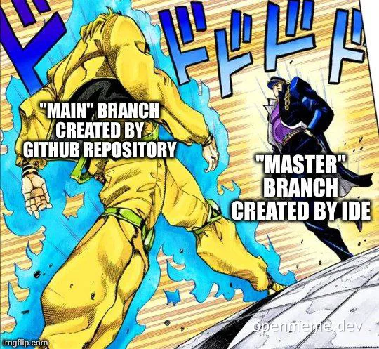 JoJo's character in yellow jumpsuit kicking away a character in a black outfit with a purple shirt, labeled 'MAIN' BRANCH CREATED BY GITHUB REPOSITORY and 'MASTER' BRANCH CREATED BY IDE