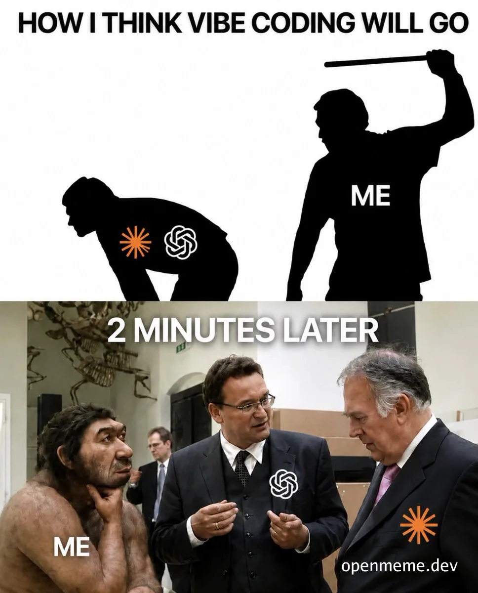 Meme showing a caveman representing a developer and two men in suits representing AI tools, illustrating the reality of vibe coding.