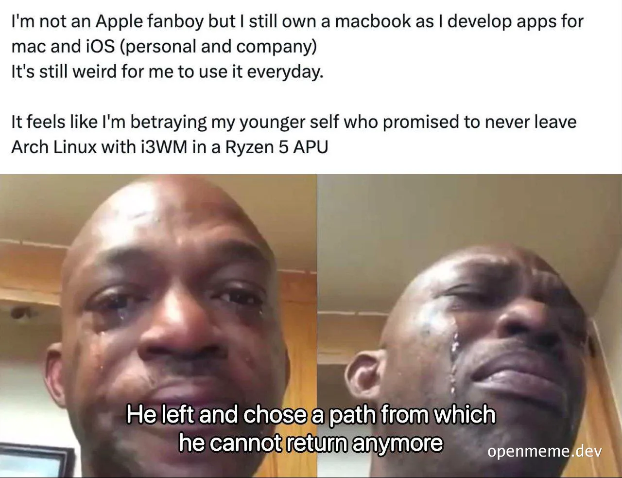 Sad man crying, feeling guilty for using a MacBook