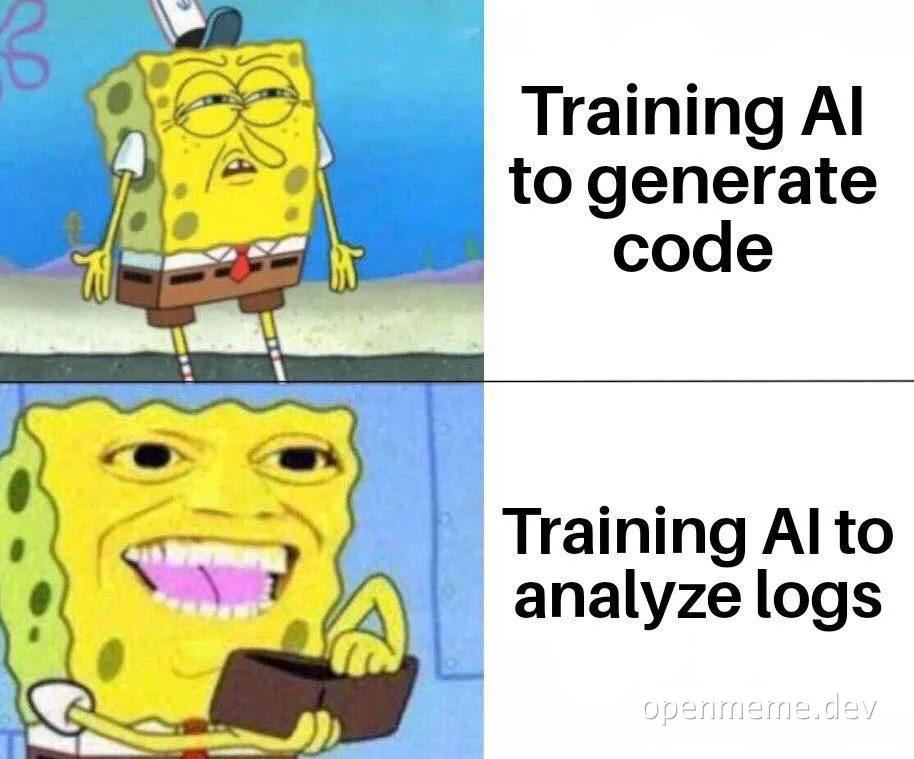 SpongeBob SquarePants meme comparing training AI to generate code vs analyze logs