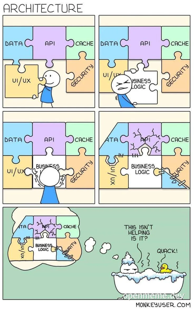 A comic strip titled Architecture showing a character trying to fit a puzzle piece labeled Business Logic into a diagram with Data, API, Cache, UI/UX, and Security. The puzzle breaks, and the character ends up stressed in a bathtub.