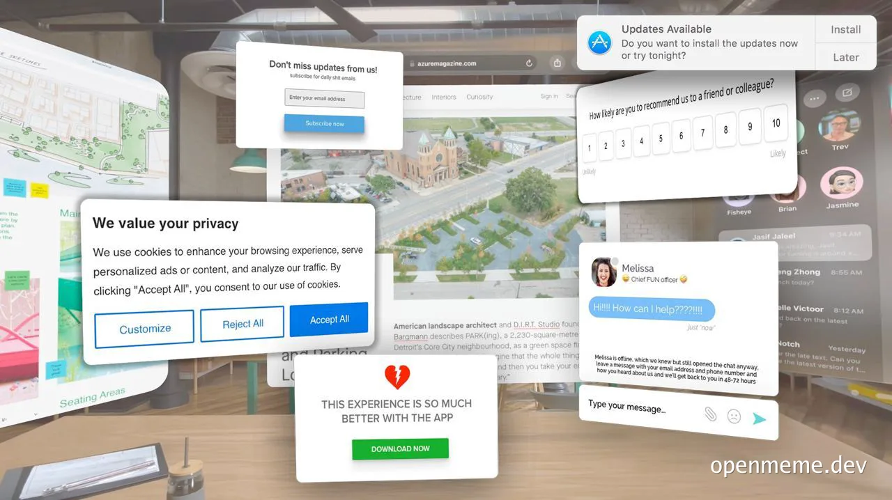 overlays of pop-up windows on a computer screen