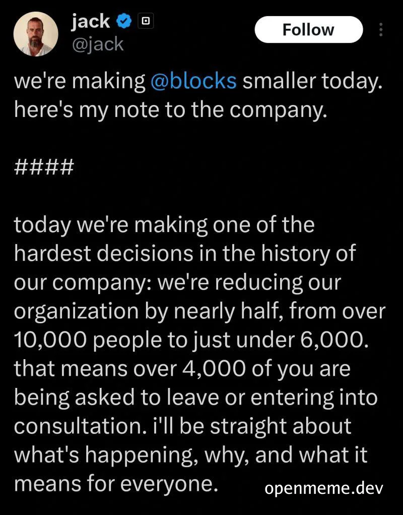 Tweet about company layoffs with a humorous note about making blocks smaller