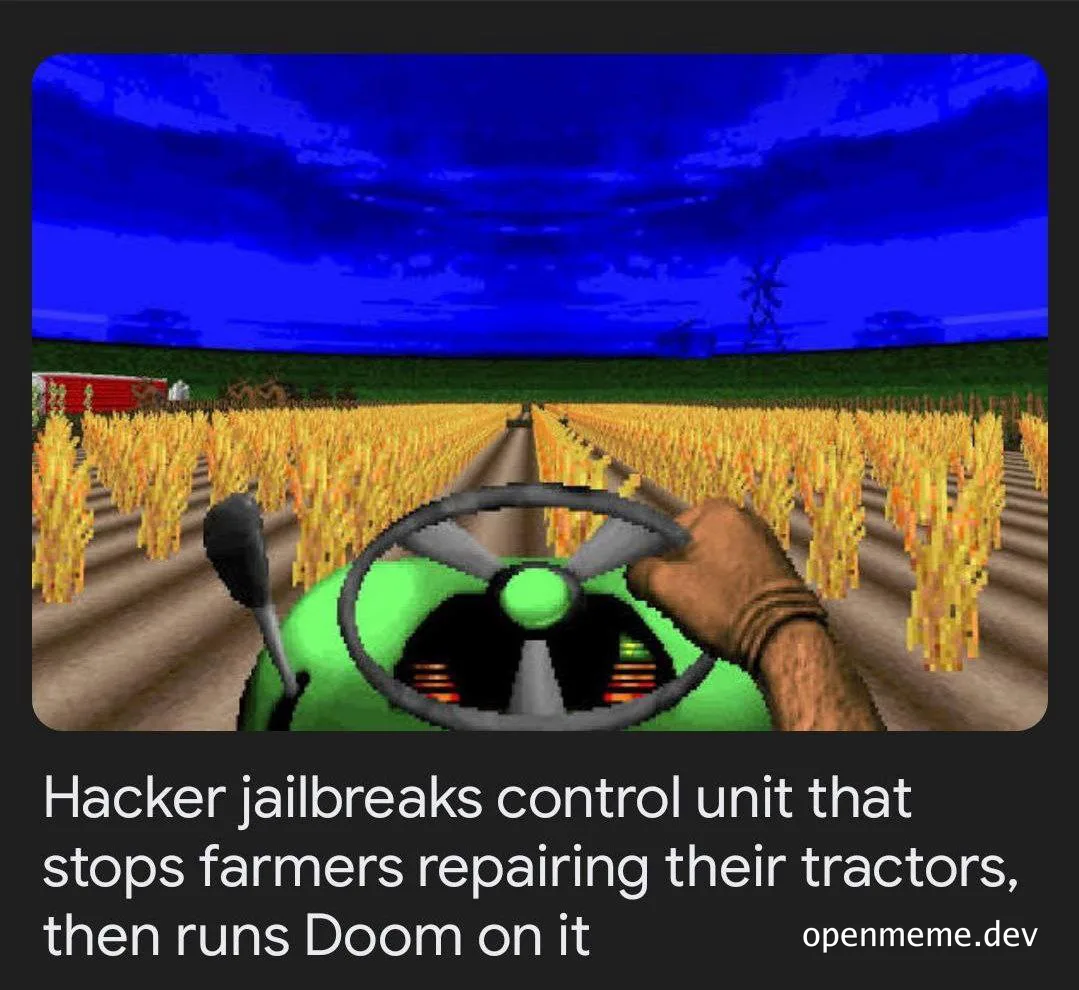 First-person view of a green tractor in a wheat field with a Doom-style skybox, captioned about a hacker running Doom on the control unit.