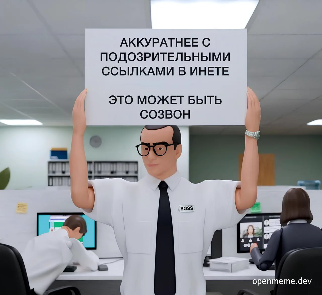 cartoon character holding a sign about suspicious links in an office setting