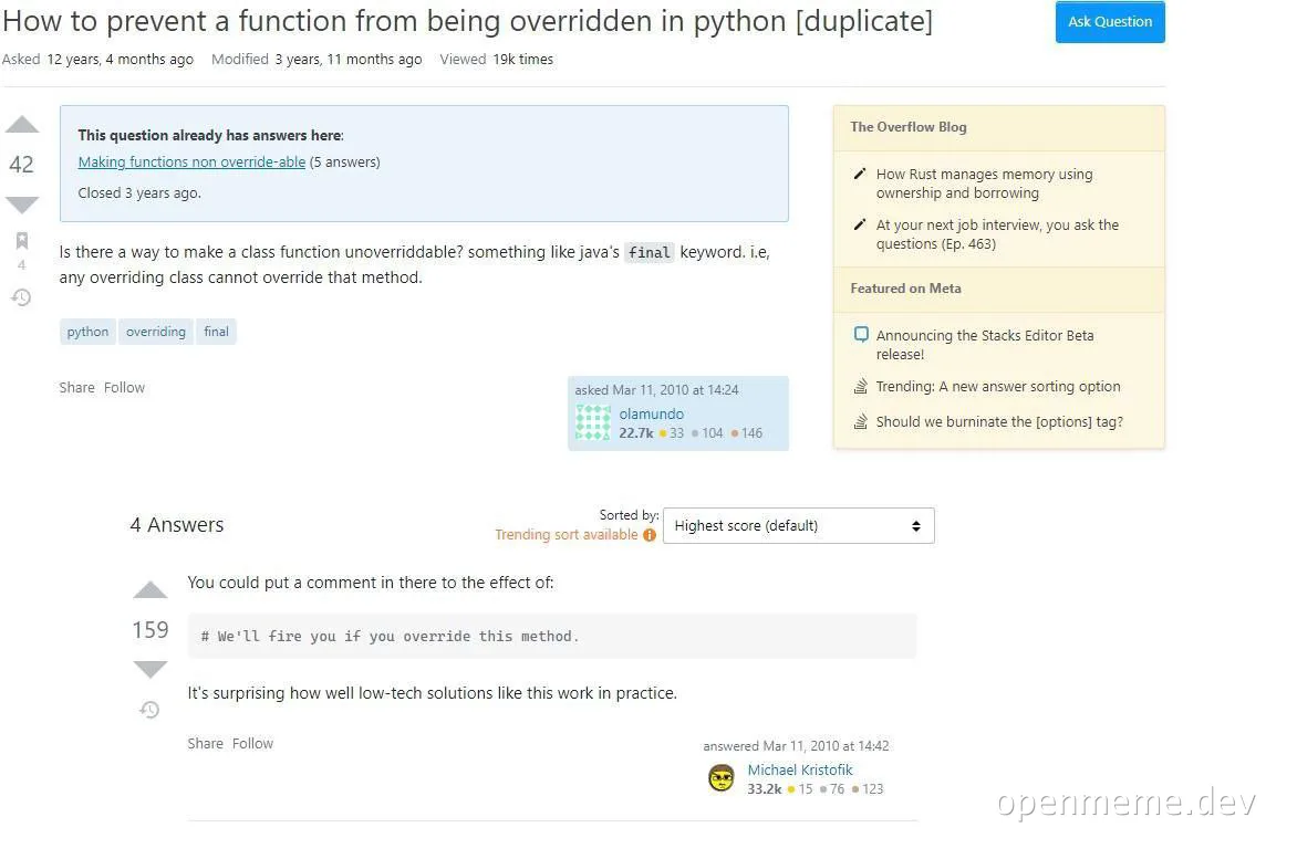 a stackoverflow question about preventing a function from being overridden in python