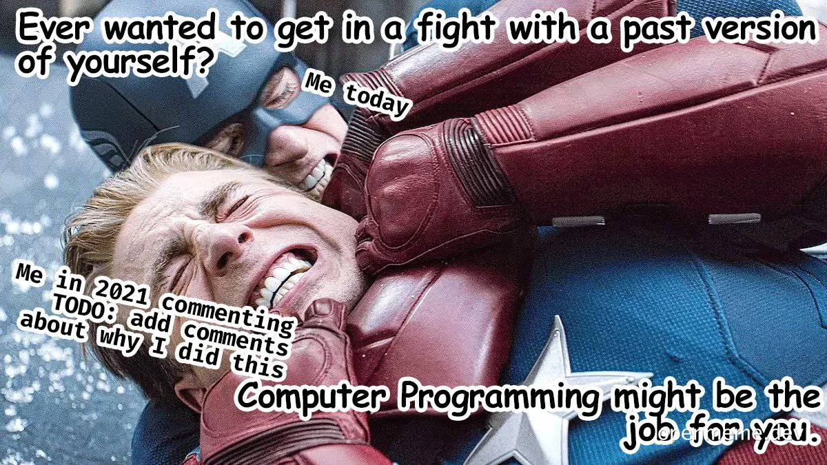Captain America fighting himself, symbolizing a developer regretting past code