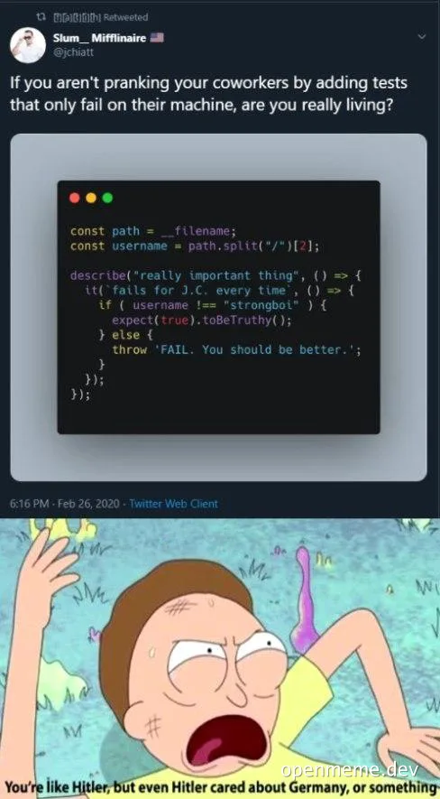 Rick Sanchez meme with code prank on coworkers