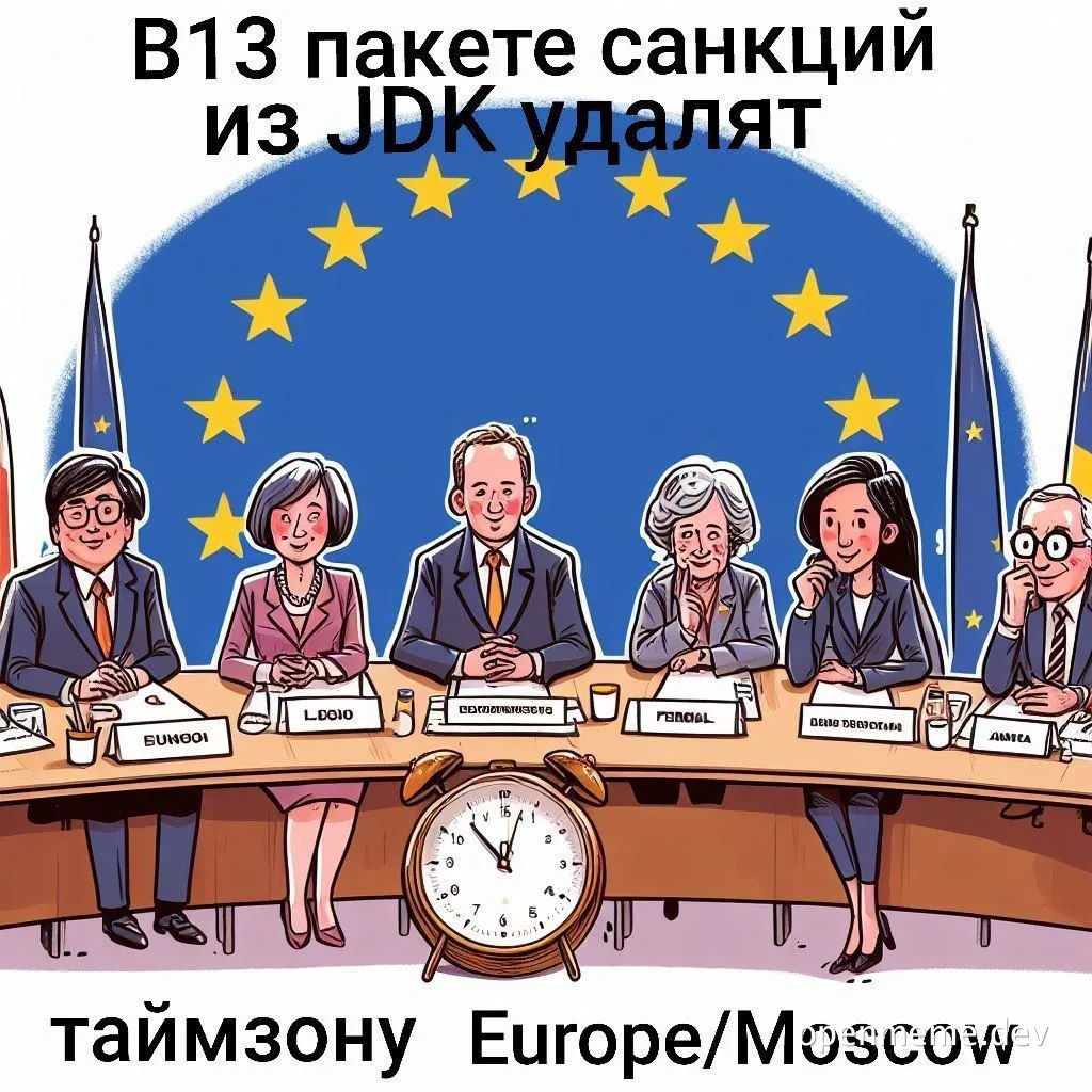Cartoon businesspeople sitting at a table with a clock and European flag