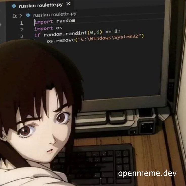 anime girl looking at computer screen with russian roulette.py code
