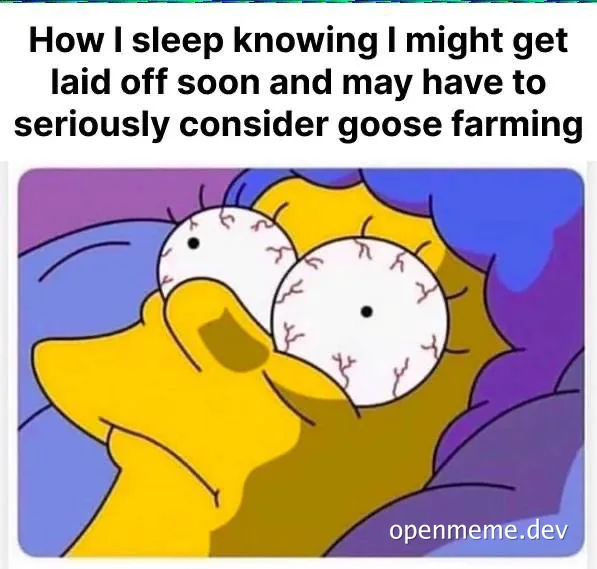 Homer Simpson with bloodshot eyes lying in bed, caption: 'How I sleep knowing I might get laid off soon and may have to seriously consider goose farming'