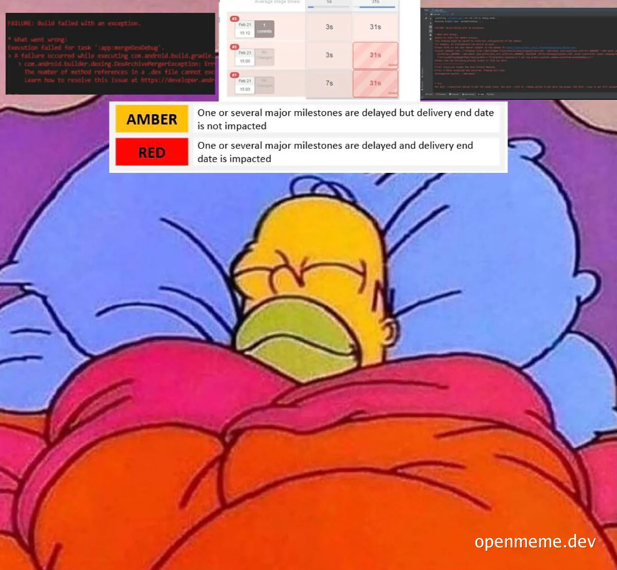 Homer Simpson sleeping with frustrated developer screens in the background