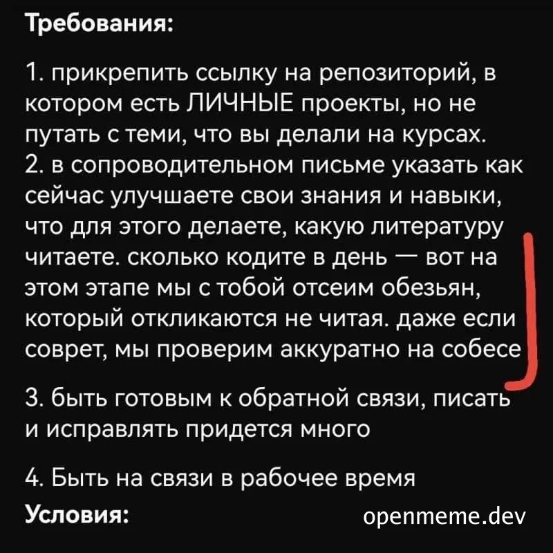 Текст с требованиями к кандидатам на позицию разработчика, включая проверку репозиториев и отсев тех, кто не читает.