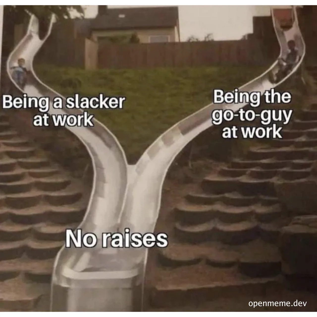 meme image of two children on a slide with text overlay