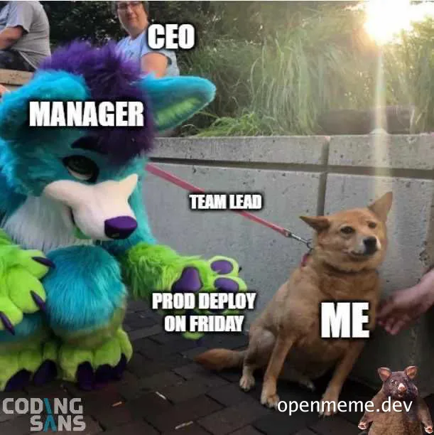 a meme of a fursuited character and a dog on a leash with text labels