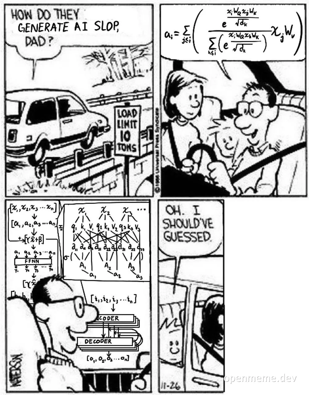Comic strip about a kid asking a parent how AI slop is generated