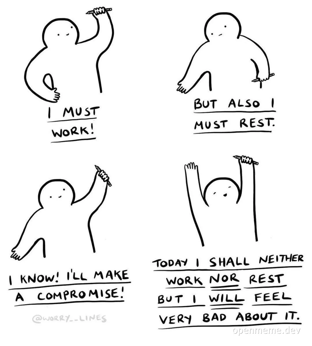 Cartoon characters depicting internal conflict between working and resting