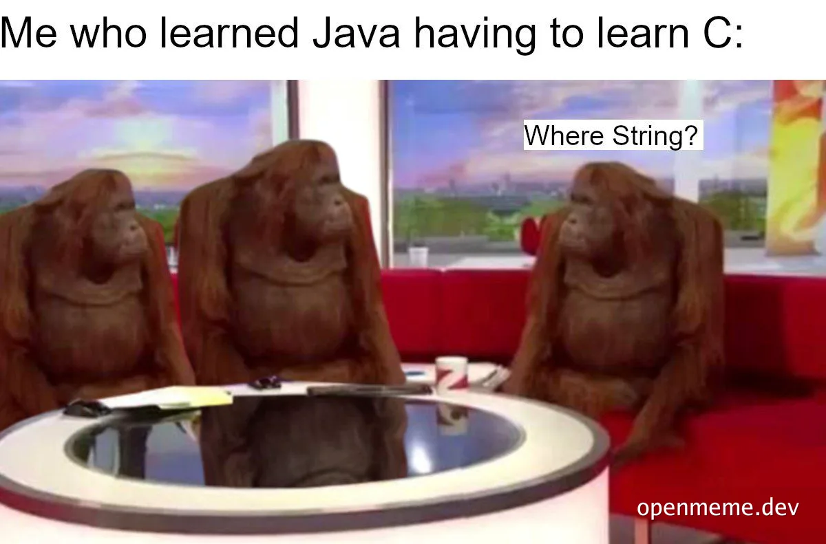 Three monkeys sitting at a desk looking confused, with one monkey asking 'Where String?'