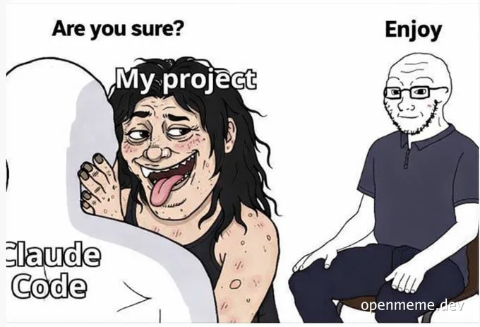Cartoon of a woman reacting with a pleased expression to 'Claude Code' and a man sitting calmly with 'Enjoy' and 'Are you sure?' and 'My project'