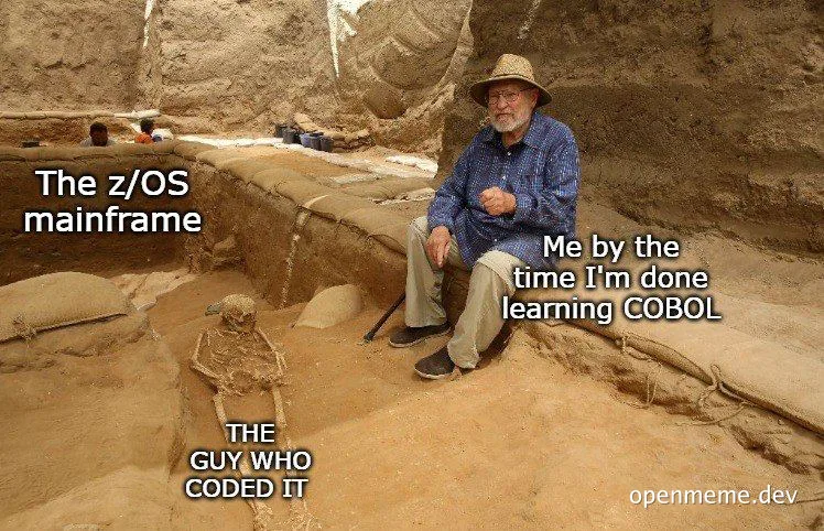 An archaeologist sits next to a skeleton with text labels referring to learning COBOL and a z/OS mainframe