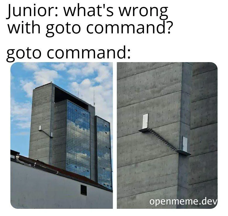 meme about junior developer questioning goto command