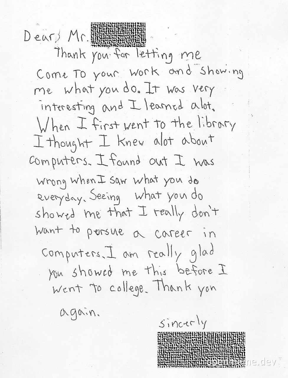 handwritten letter from a student about their visit to a developer's workplace