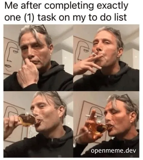Man celebrating completing one task on his to-do list by smoking and drinking whiskey