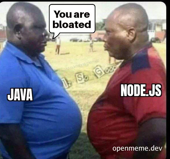 Two overweight men labeled JAVA and NODE.JS compare their sizes
