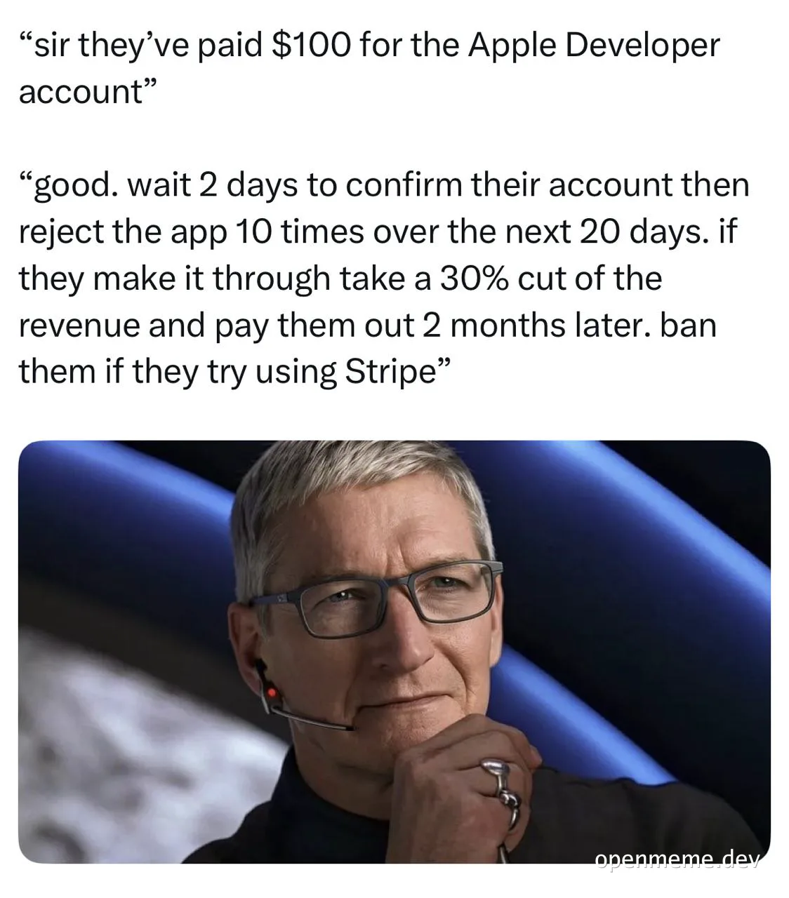 Tim Cook looking thoughtful with a sly expression
