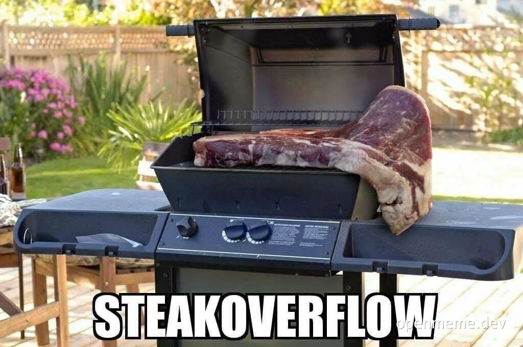 A large steak overflowing from a grill with the text 'STEAKOVERFLOW' below it.