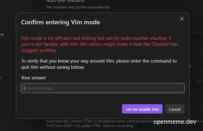 Vim mode confirmation dialog