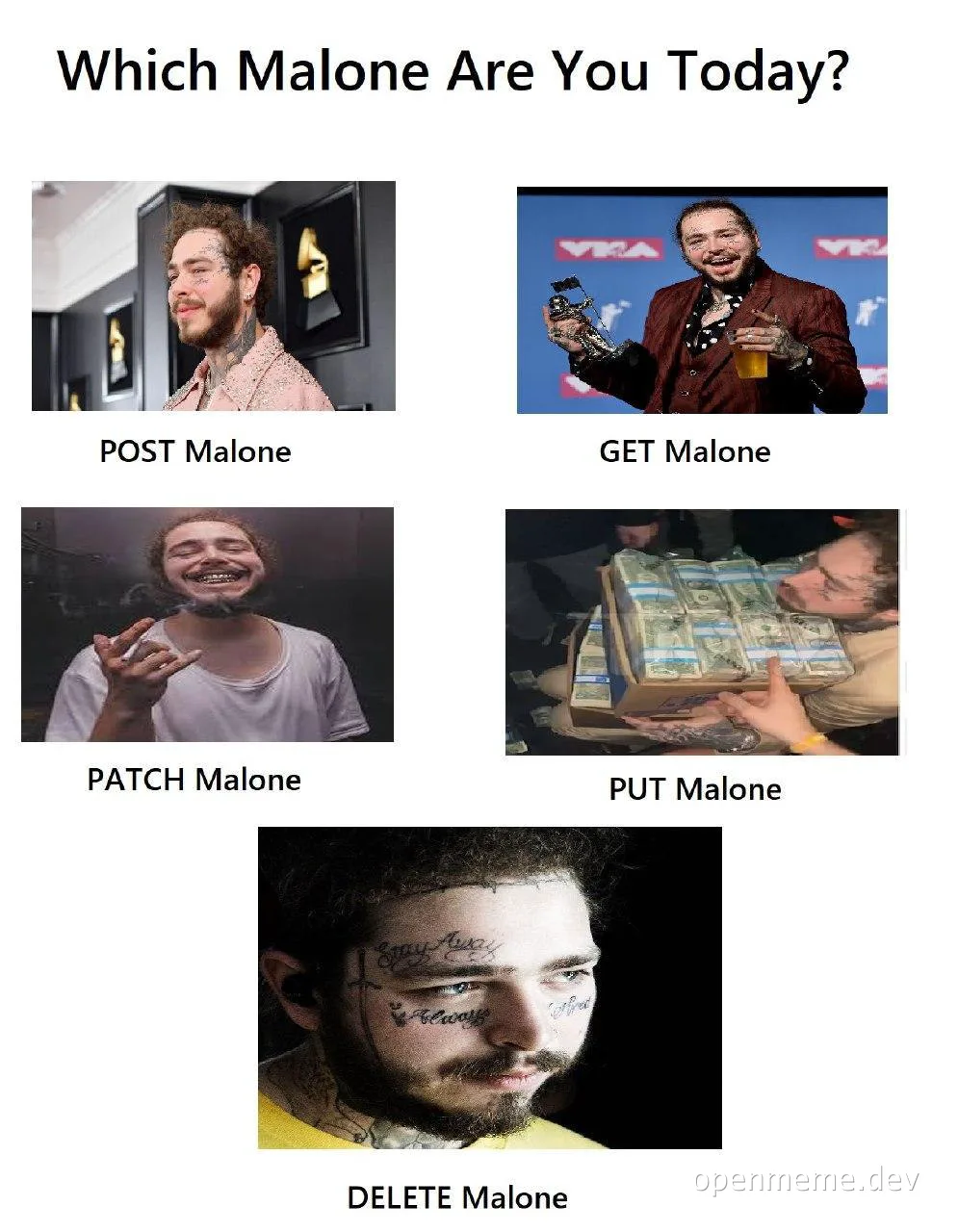Post Malone meme template with five different images