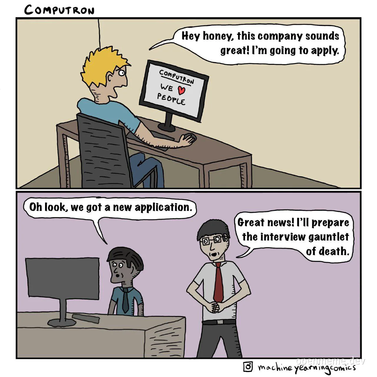 cartoon of man applying to job at company called Computron that claims to love people, and interviewer preparing gauntlet of death