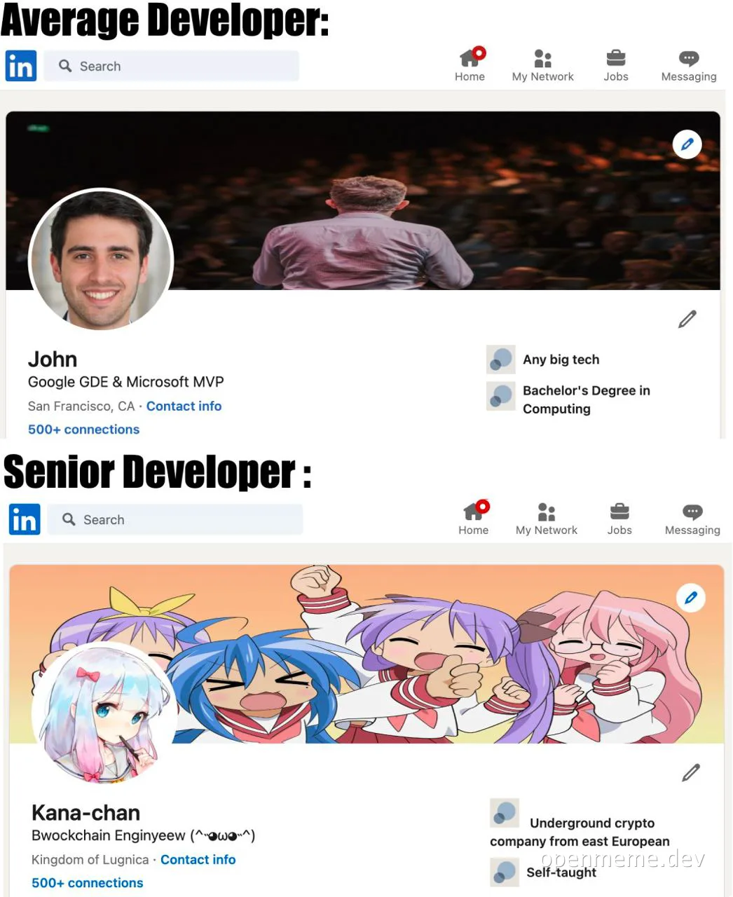 linkedin senior developer vs average developer meme