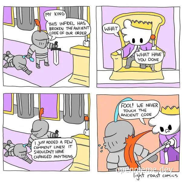 Cartoon comic about a knight who added comment lines to ancient code