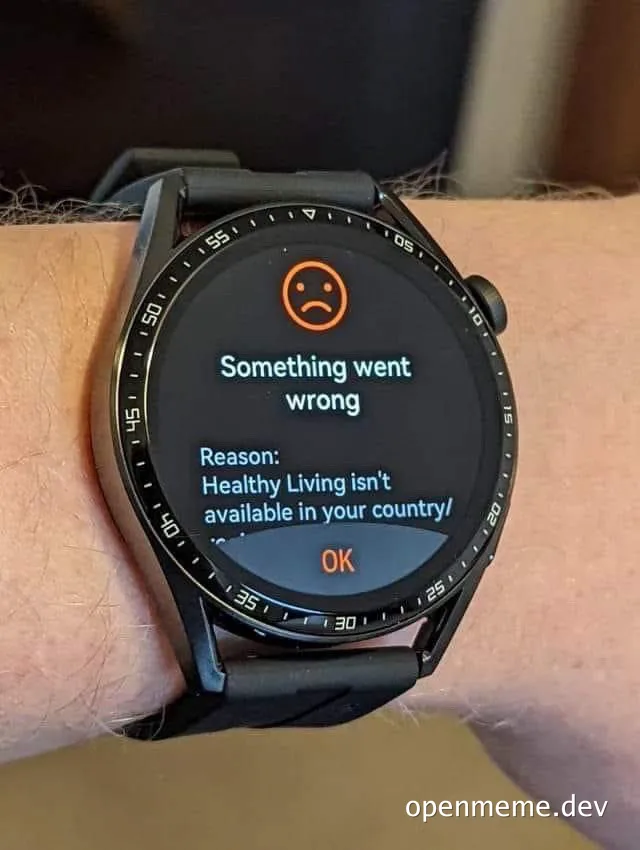Smartwatch displaying error message 'Something went wrong. Reason: Healthy Living isn't available in your country!'