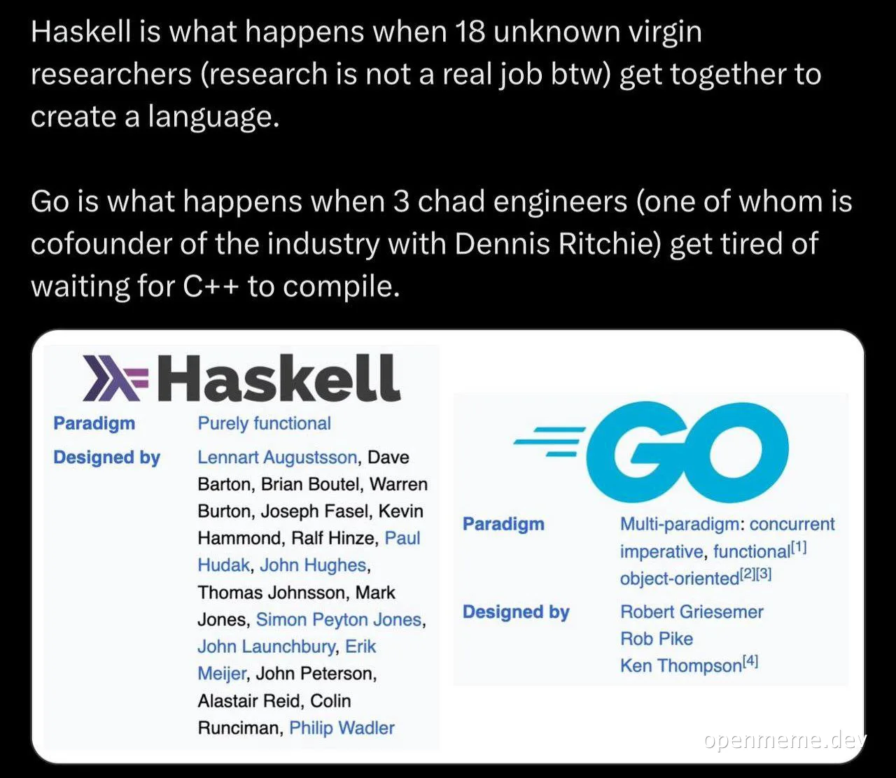 Haskell vs Go programming languages meme