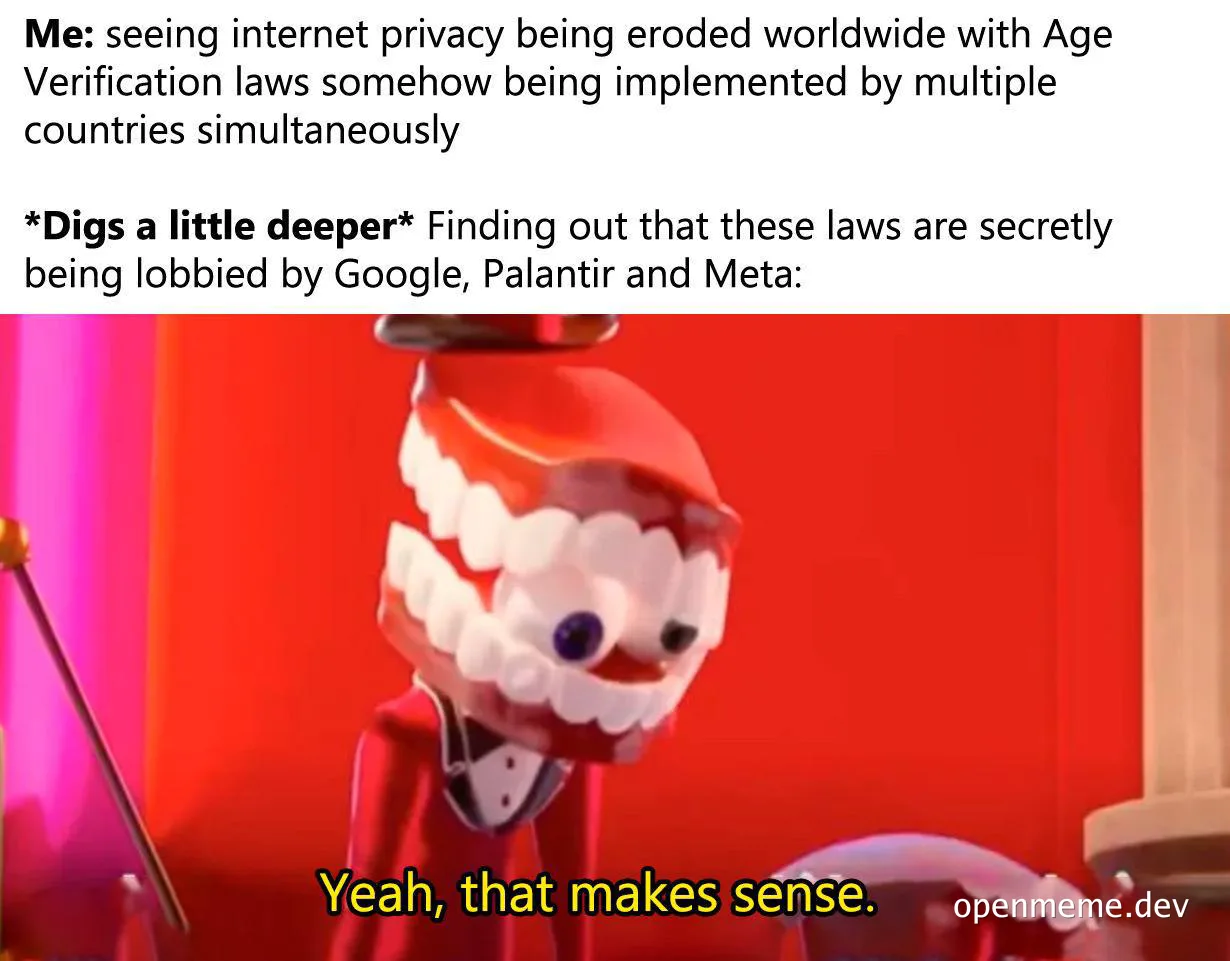 Cartoon character with oversized teeth and a red suit, looking surprised or resigned with the caption 'Yeah, that makes sense.'