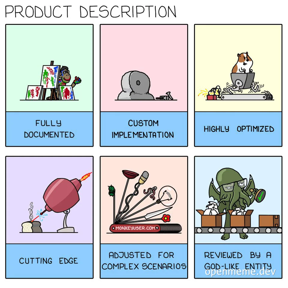 a comic depicting six humorous product description templates