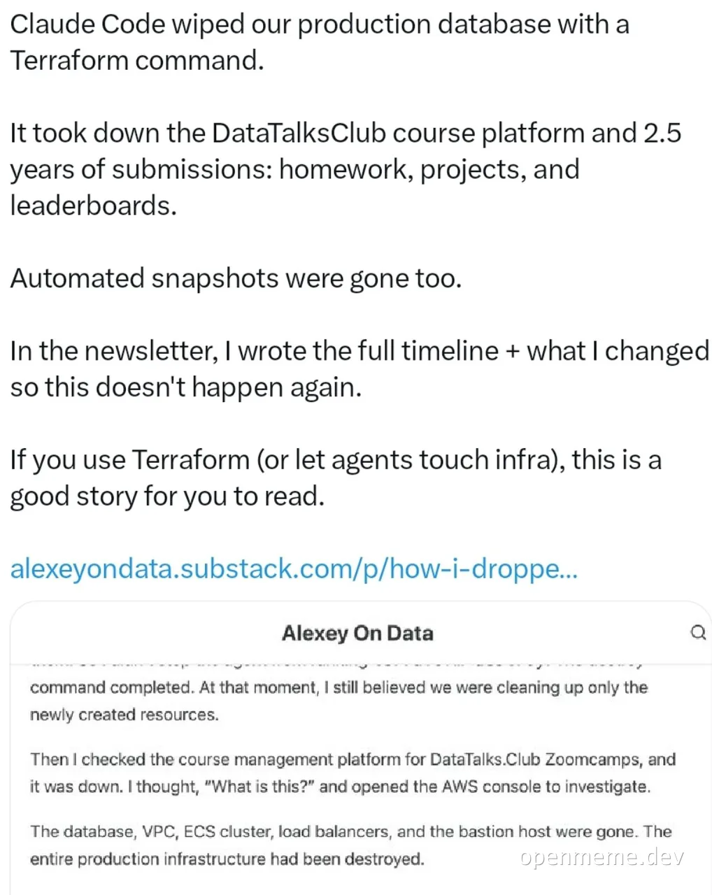 Claude Code wipes out production database with Terraform command